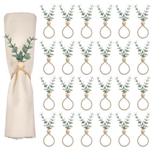 Serviettenringe mit künstlichen Eukalyptusblättern, Holzperlen, Juteseil für Weihnachten, Bauernhaus, Hochzeit, Zuhause, Esstisch, Party, Dekoration, 24 Stück von Lemecima