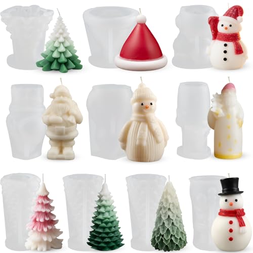 LemonRoad 10-teiliges Weihnachtskerzenform-Set, Kerzen-Silikonformen, Weihnachtsbäume, Weihnachtsmann, Weihnachtsmütze, Schneemann, Kiefernform, für Harz, Seife, Handwerk, Kuchen, Schokolade von LemonRoad
