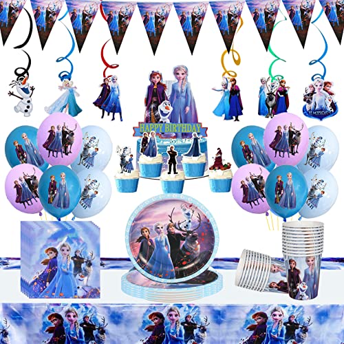 Frozen Gebutstag Party Set 81Stück Frozen Birthday Party Supplies, Frozen Partygeschirr Deko, Teller, Papierhandtücher, Tischdecken, Pappbecher, Luftballons, Torteneinlagen von Lemotoy