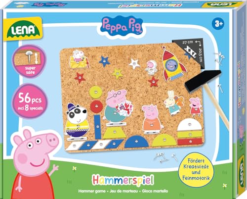 Lena® Hammerspiel Peppa Pig – Kreatives Set mit 44 bunten Plättchen, Hammer, Nägeln und Korkplatte, ab 3 Jahren von Lena
