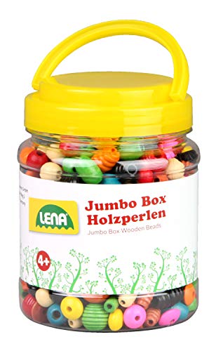 Lena 32044 - Bastelset Holzfädelperlen in Jumbo Box, mit Fädelperlen aus Holz, ca. 2 cm groß, Holzperlen Mix Set für Kinder ab 4 Jahre, Perlen zum Selberbasteln von Ketten und Fädeln von Perlenschmuck von Lena