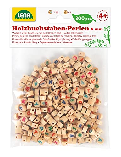 Lena 32051 - Bastelset Buchstabenperlen aus Holz, Set mit 300 runden Fädelperlen und mit bunten Buchstaben, Holzperlen Set für Kinder ab 3 Jahre, zum selber basteln von Perlen Schmuck, Natur Braun von Lena