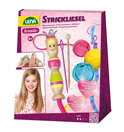 Lena 42375 Bastelset Strickliesel, Komplettset mit Liesel und Strickhaken aus Holz, Stricknadel und Garn in 3 Farben je 15 m, Strickset für Kinder ab 6 Jahre, Starter Set zum Stricken Lernen, Rosa von Lena