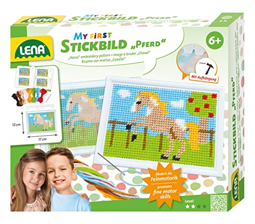 Lena 42625 - Bastelset Stickbild Pferd, Komplettset mit Stickrahmen, stumpfer Nadel aus Metall, Wollgarn, Stickgitter mit Vordruck und Anleitung, Stickset für Kinder ab 6 Jahre, Set zum Sticken lernen von Lena