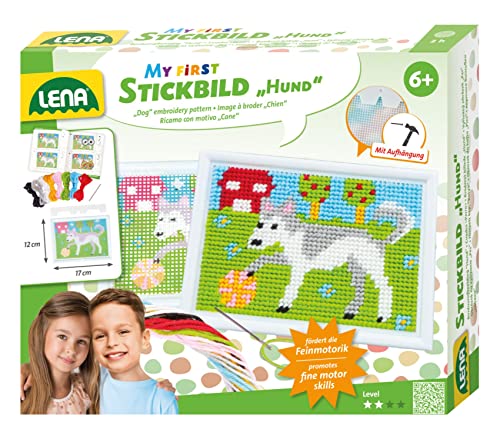 Lena 42626 - Bastelset Stickbild Hund, Komplettset mit Stickrahmen, stumpfer Nadel aus Metall, Wollgarn, Stickgitter mit Vordruck und Anleitung, Stickset für Kinder ab 6 Jahre, Set zum Sticken Lernen Lena 42626 - Bastelset Stickbild Hund, Komplettset mit Stickrahmen, stumpfer Nadel aus Metall, Wollgarn, Stickgitter mit Vordruck und Anleitung, Stickset für Kinder ab 6 Jahre, Set zum Sticken Lernen von Lena