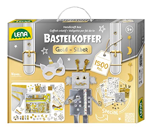 Lena 42666 - Premium Bastelkoffer Gold und Silber mit 1500 Teile, Bastelmaterial mit Glitzer-Moosgummi, Metallic-Papier, Perlen, Edelsteine, Blattgold, Pompon und mehr, für Kinder ab 5 Jahre, Mittel Lena 42666 - Premium Bastelkoffer Gold und Silber mit 1500 Teile, Bastelmaterial mit Glitzer-Moosgummi, Metallic-Papier, Perlen, Edelsteine, Blattgold, Pompon und mehr, für Kinder ab 5 Jahre, Mittel von Lena