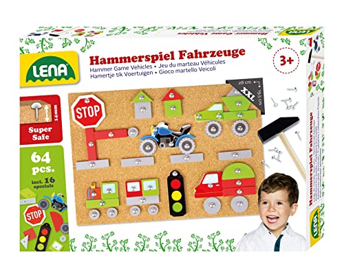 Lena 65826 - Hammerspiel Fahrzeuge, Nagelspiel mit 64 farbigen Teilen in verschiedenen Formen, Grundplatte aus Kork, ca. 28 x 19,5 x 1,4 cm, Hammer und Nägel, Hämmerchenspiel für Kinder ab 3 Jahre Lena 65826 - Hammerspiel Fahrzeuge, Nagelspiel mit 64 farbigen Teilen in verschiedenen Formen, Grundplatte aus Kork, ca. 28 x 19,5 x 1,4 cm, Hammer und Nägel, Hämmerchenspiel für Kinder ab 3 Jahre von Lena