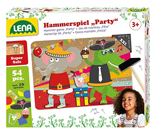 Lena 65835 - Hammerspiel Party, Nagelspiel mit 38 farbigen Teilen & 16 Sonderteile, XXL Grundplatte aus Kork ca. 28 x 19,5 cm, Hammer und Nägel, Klopfspiel für Kinder ab 3 Jahre, Hämmerchenspiel Lena 65835 - Hammerspiel Party, Nagelspiel mit 38 farbigen Teilen & 16 Sonderteile, XXL Grundplatte aus Kork ca. 28 x 19,5 cm, Hammer und Nägel, Klopfspiel für Kinder ab 3 Jahre, Hämmerchenspiel von Lena