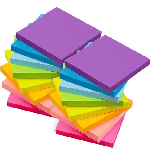 16 Stück Farbige Haftnotizen, 1600 Blatt Sticky Notes, 76x76mm Haftnotizen Klebezettel, Bunte Quadratische Selbstklebende Haftnotizzettel für Schule Büro Zuhause Sitzung, 8 Farben von Lenfuos