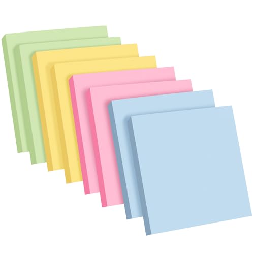 8 Stück Haftnotizen 76x76mm Super Sticky Notes selbstklebende Haftnotizzettel Bunte Quadratische Sticky Notes für Büro Zuhause Schule Sitzung, 800 Blatt insgesamt, 4 Farben von Lenfuos