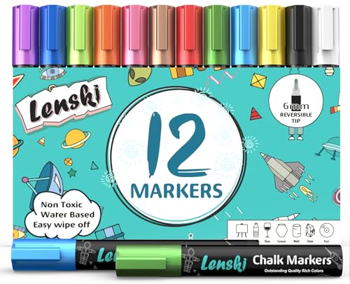 Lenski 12 Kreidestifte für Fenster & Tafel Abwaschbar 6mm Kreidestift Kreidemarker Fenster mit Whiteboard Marker, Einschulung Mädchen, Fensterkreide Stifte Kinder, Glasmalstifte, Tafelstift von Lenski