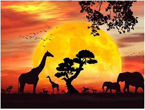 Lentrs Kreuzstich Vorgedruckt Set Erwachsene Sonnenuntergang Giraffe Elefant Stickvorlagen Stickbilder Kreuzstich Stickpackung Sticken Starter Set für Erwachsene Kinder AnfäNger-40x50cm von Lentrs
