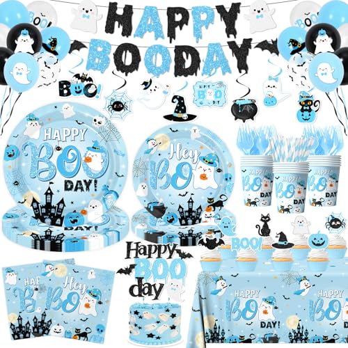 Blaue Halloween-Geburtstagsdekorationen, 198 Stück, Geister-Party-Dekorationen, Geschirr, Happy Boo Day, Teller, Servietten, Becher, Tischdecke, Banner, Wirbel, Topper, Ballon für Jungen von Lenyunge
