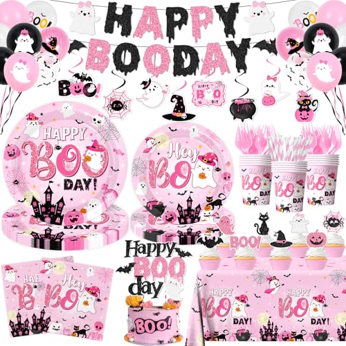 Rosa Halloween-Geburtstagsdekorationen, 198 Stück, Geister-Party-Dekorationen, Geschirr, Happy Boo Day, Teller, Servietten, Becher, Tischdecke, Banner, Wirbel, Topper, Ballon für Mädchen Rosa Halloween-Geburtstagsdekorationen, 198 Stück, Geister-Party-Dekorationen, Geschirr, Happy Boo Day, Teller, Servietten, Becher, Tischdecke, Banner, Wirbel, Topper, Ballon für Mädchen von Lenyunge
