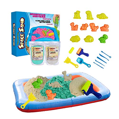 Leo & Emma Space Sand 1.8kg Dinosaurier Set 20tlg. 8 Förmchen mit Tieren, Schaufel, Modellierwerkzeug, Mini-Sandkasten Therapiesand - Neues Modell (0.9kg weiß und 0.9kg türkis) von Leo & Emma
