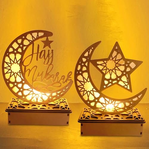 Eid Mubarak Ramadan Dekoration Lampe, 2 Stück Ramadan LED Lamp, Eid Mubarak Holz Nachtlicht, Holz Tischdekoration Mondlampe, Muslim Ramadan Nachtlicht für Eid Mubarak Geschenke Partys Deko (B) von Leonshco