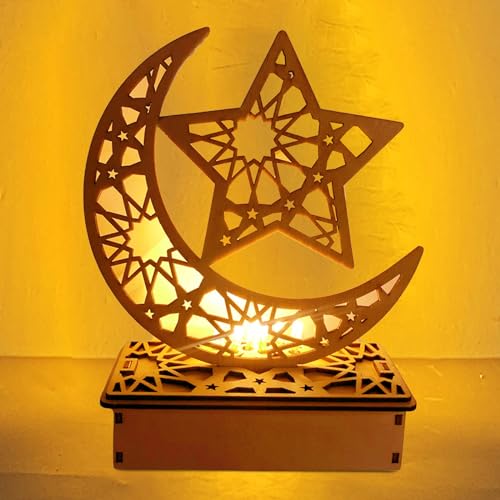 Eid Mubarak Ramadan Dekoration Lampe, Ramadan LED Lamp, Eid Mubarak Holz Nachtlicht, Holz Tischdekoration Mondlampe, Muslim Eid Ramadan Night Light, Geeignet für Eid Mubarak Geschenke Partys Deko (A) von Leonshco