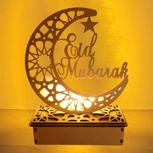 Eid Mubarak Ramadan Dekoration Lampe, Ramadan LED Lamp, Eid Mubarak Holz Nachtlicht, Holz Tischdekoration Mondlampe, Muslim Eid Ramadan Night Light, Geeignet für Eid Mubarak Geschenke Partys Deko (B) von Leonshco
