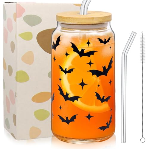 Halloween Becher, Halloween Gläser, Trinkbecher mit Deckel und Strohhalm, 500 Ml, Seltsames Fledermausmuster, Wiederverwendbar, Geeignet für Party, Bar, Familienfeier, für Kaffee, Getränke, Saft usw von Leonshco