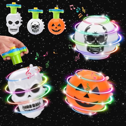 Halloween Mitgebsel Kinder, 3 Stück LED Kreisel für Kinder Interaktives Spiel, Kürbis und Totenkopf-Design, Können als Partygeschenkbeutelfüller, ab 3 4 5 6 7 8 9 Jahren von Leonshco