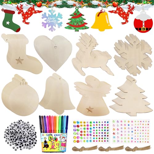 Holzanhänger Zum Bemalen Weihnachten, 224 Stück Holz Basteln Kinder, Bastelset, Tannenbaumschmuck Holzfiguren, Baumschmuck Weihnachtsanhänger von Leonshco