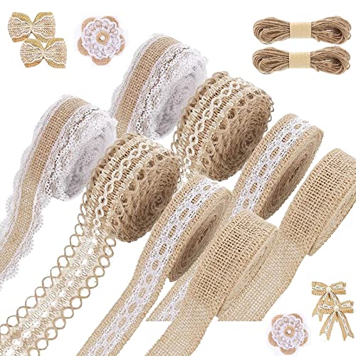 Juteband mit Spitze: 8 Rollen Juteband Natur, Geschenkband Jute mit 2 Stück 20 M Juteseil, Leinwand-Spitzenband mit Weißer Bordüre Stoff für Weihnachten/Hochzeit/Party/Zuhause/Geschenkdekoration von Leonshco