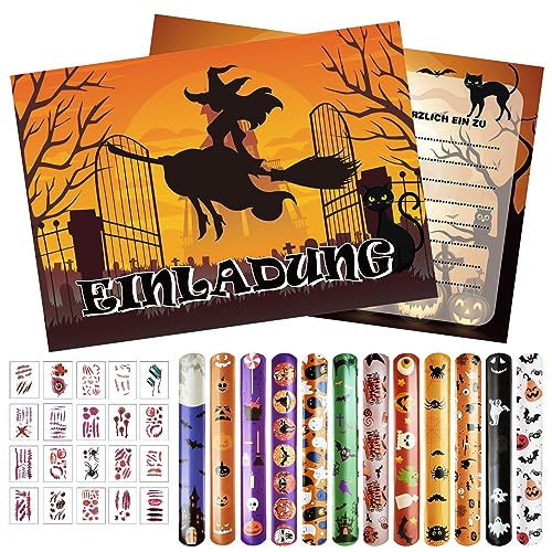 Leonshco 12 Halloween Party Einladungen, 12 Halloween Schnapparmband Kinder, 20 Narben-Tattoo-Aufkleber für Ostern Halloween Deko | Gruselige Party-Einladungen | Kindergeburtstagseinladungen von Leonshco