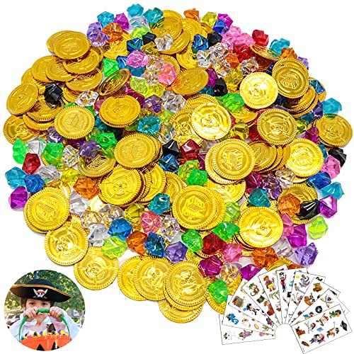 Leonshco 160 Stüc Ggoldmünzen Piratenschatzset, 50 Goldmünze/100 Piraten Edelsteine/10 Piratenaufkleber für Piratenschatz Kindergeburtstag, Piratenspiel Party, Schatztruhefüllung für Kinder usw (A) von Leonshco