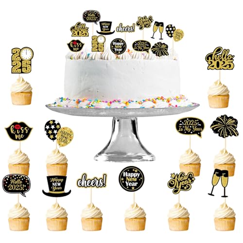 Silvester Deko 2024 Tortendeko, 24 Stück Happy New Year Cake Topper, Schwarz Gold Kuchen Neujahr Deko, Silvester Party Dekoration Zubehör für Tisch Kuchen Dekoration Silvester Party Gefälligkeiten von Leonshco