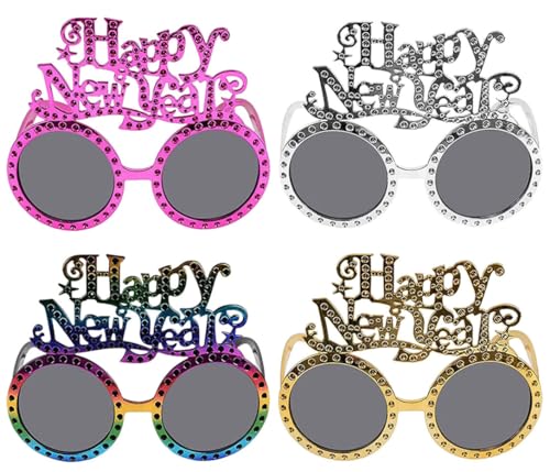 Silvester Deko 2024, 4 Stück Happy New Year-Glitzer-Partybrillen, Lustige Party Brille, Silvester Party-New Year Decoration-Brille für Silvester-Party-Zubehör, Foto-Requisiten, Party-Geschenke von Leonshco