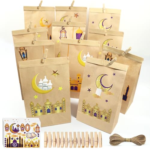 Leonshco 30 Stück Eid Mubarak Tüten, DIY Ramadan Kalender zum Befüllen, Ramadan Adventskalender Kraftpapiertüten mit Kalender Sticker/Clips/Juteseil, Wiederverwendbar für Ramadan Dekoration (B) von Leonshco