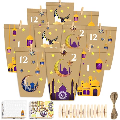 Leonshco 30 Stück Eid Mubarak Tüten, DIY Ramadan Kalender zum Befüllen, Ramadan Adventskalender Kraftpapiertüten mit Kalender Sticker/Clips/Juteseil, Wiederverwendbar für Ramadan Dekoration (A) von Leonshco