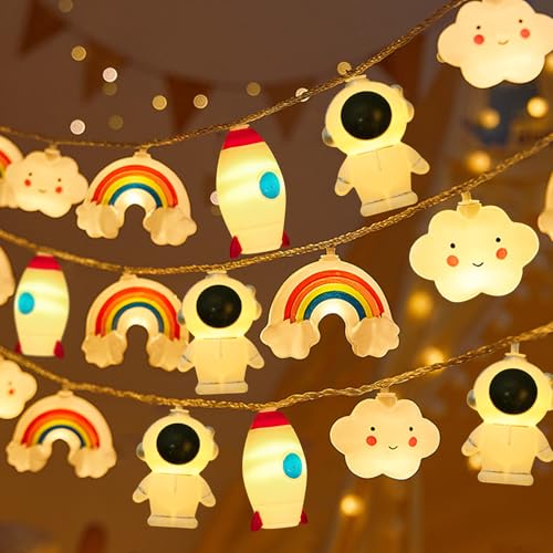 Lichterkette Kinderzimmer, Lichterkette Innen Außen, 2m 10 LED, mit Astronauten, Raketen, Wolken, Regenbogenmuster, Geeignet für die Dekoration von Schlafzimmer, Geburtstagsfeier, Kinderbett usw von Leonshco