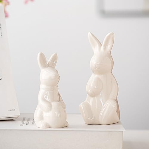 2 Stück Osterhasen Deko Figuren, Osterdeko Porzellan Hasen Deko, Frühlingsdeko Osterhasen Keramik, Osterdeko Tisch Osterhasen Figuren für Frühling Ostern Heimdekoration, Tischdeko (Weiß) von Lergas