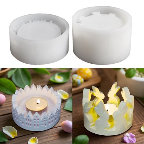 2 Stück Silikonformen Gießformen Ostern, Rund Silikonform Ostern Kerzenhalter, Silikonform Hase, Silikonform Haus, Gießformen Silikon Ostern, Giessformen Silikon für DIY Osterdeko Handwerk (C) von Lergas