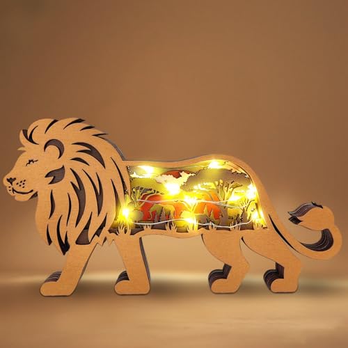 3D Tiere Holzskulptur mit LED Nachtlicht, Holzdeko Waldtiere Statue mit 2 Modi Licht, Tiere Holzstatue Handwerk Batteriebetrieben, Nachttisch Deko Holzfiguren für Wohnzimmer Tisch Deko (B) von Lergas