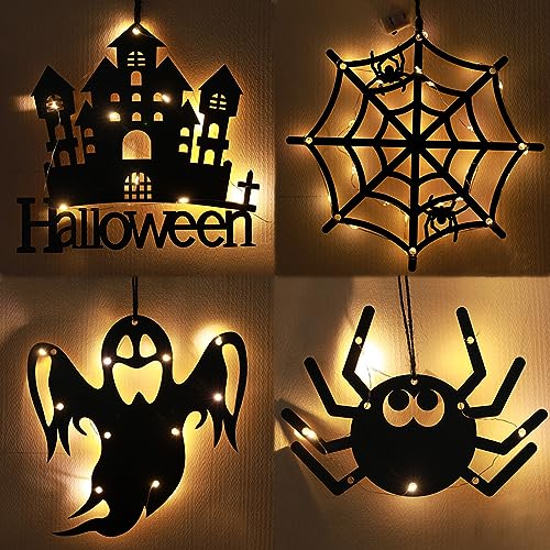4 Stück Halloween Deko LED, Halloween Muster Acrylplatte mit Licht, Aufhängbar Halloween Fensterlichter, Halloween Scherenschnitt Licht für Fenster, Wände, Türen, Veranden Halloween Dekoration (A) von Lergas