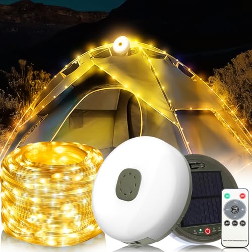 Camping Lichterkette Aufrollbar, 10M Wasserdichte Tragbare LED Lichterkette Außen mit 8 Beleuchtungsmodi, USB/Solar Aufladbar Campinglampe für Outdoor Camping, Garten Deko, Notfall-Ladung (Warmweiß) von Lergas