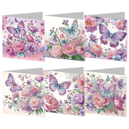 DIY Diamond Painting Karten 6er Set, Diamond Painting Frühling Grußkarte mit Umschlag, Diamont Painting Handgefertigte Klappkarten für Familie und Freunde (B) von Lergas