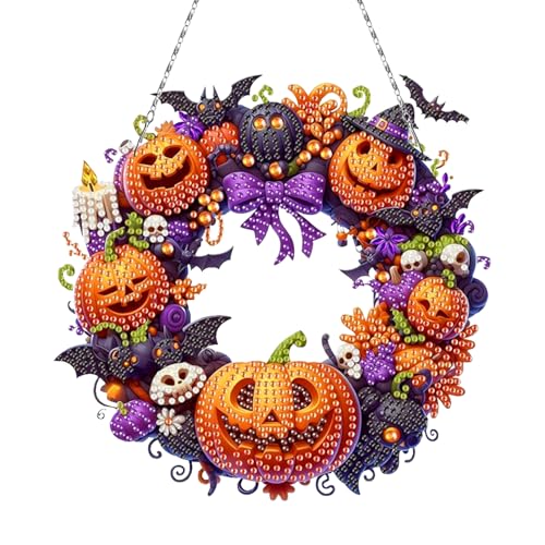 Halloween Deko Diamond Painting, Kürbis Deko Kranz, 5D Diamond Painting Erwachsene Fensterbilder zum Aufhängen, Halloween Kürbis DIY Diamont Painting Bilder mit Kit, für Fenster Wand Dekoration von Lergas