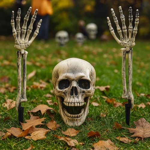 Halloween Deko Skelett Totenkopf, Horror Deko Schädel Gruselig, Realistische Halloween Skeleton Totenköpfe, Grusel Halloweendeko, für Outdoor Garten Rasen Hof Grabstein Draußen Party Dekoration (Set) von Lergas