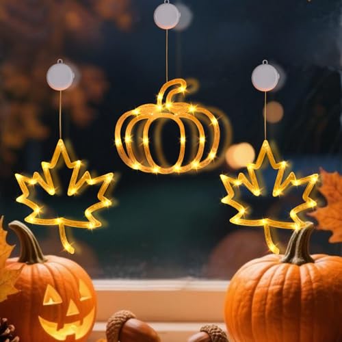 Herbstdeko Licht mit Saugnapf, Halloween Deko Fenster LED Licht, IP55 Wasserdicht Halloweendeko LED, Leuchtende Fensterdeko Batteriebetriebene, Hängende Deko Herbst Innen Draußen (3 Stück) von Lergas