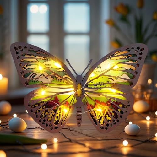 Osterdeko Holz Schmetterling Deko, 3D Ostern Deko Gradient Schmetterlinge, Osterdekoration Hohlem Holzschnitzerei mit LED Licht, Ostern Dekoration Holzdeko für Wohnzimmer Schlafzimmer (Holzfarbe) von Lergas