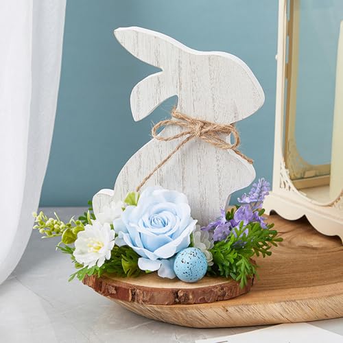 Osterhase Deko Aufsteller, Osterdeko Holz Hase Figuren mit Künstliche Blumen, Osterhasen Deko Figuren mit Rund Sockel, Niedliche Holzhase zum Hinstellen für Tischdeko Ostern (A) von Lergas
