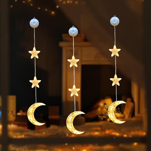 Ramadan Deko Fenster Licht, LED Stern Mond Eid Mubarak Dekoration, LED Stern Mond Ramadan Lichterkette mit Saugnapf, Hängende Ramadan Mubarak Licht für Ramadan Fensterdeko, Ramadan Geschenke (D) von Lergas