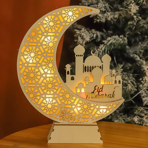 Ramadan Deko LED Holz Lampe, Eid Mubarak Dekoration Lampe, LED Holz Crescent Mond Ramadan Laterne, Muslim Islam Mond Lichter für Ramadan Mubarak Dekoration, Islam Deko, Ramadan Geschenke (C) von Lergas