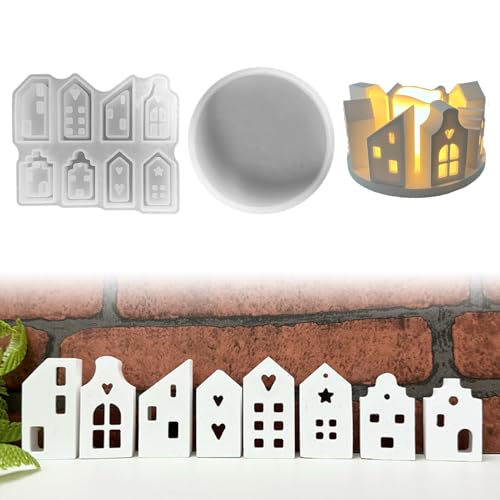 Silikonformen Gießformen Häuser, 8 Stück Silikonform Haus mit Rund Tablett, Gießformen Silikon Häuser zum Gießen, Silikonform Ostern Mini Häuser, Giessformen Silikon für Mini Häuser Handwerk (1) von Lergas
