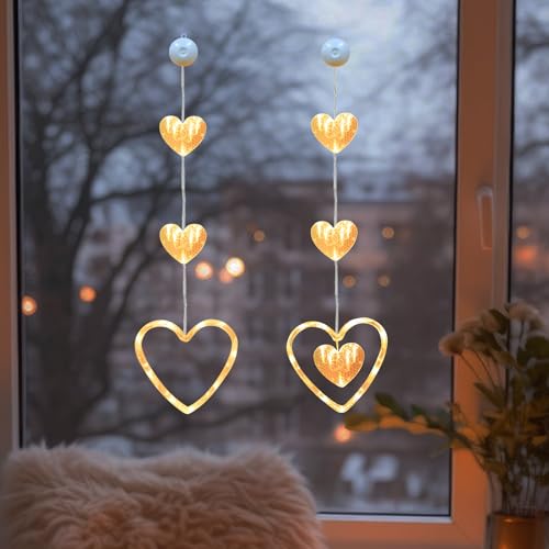 Valentinstag Deko Herz Fensterbeleuchtung, 2 Stück LED Herz Lichterkette mit Saugnäpfe, Aufhängbar Fensterbeleuchtung Batteriebetrieben für Valentinstag Deko, Fensterdeko, Heiratsantrag Deko (A) von Lergas