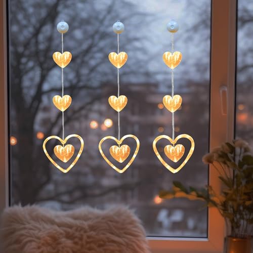 Valentinstag Deko Herz Fensterbeleuchtung, 3 Stück LED Herz Lichterkette mit Saugnäpfe, Aufhängbar Fensterbeleuchtung Batteriebetrieben für Valentinstag Deko, Fensterdeko, Heiratsantrag Deko (E) von Lergas