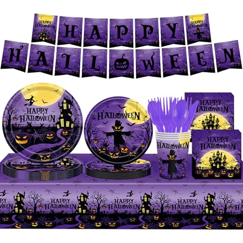 118 Stück Halloween Geschirr Set, 9 Sätze Partygeschirr Halloween für 16 Gäste Halloween Party Geschirr, Enthalten Halloween Pappteller, Tasse, Servietten, Banner, Tischdecke, Messer, Gabel, Löffel 118 Stück Halloween Geschirr Set, 9 Sätze Partygeschirr Halloween für 16 Gäste Halloween Party Geschirr, Enthalten Halloween Pappteller, Tasse, Servietten, Banner, Tischdecke, Messer, Gabel, Löffel von Les-Theresa